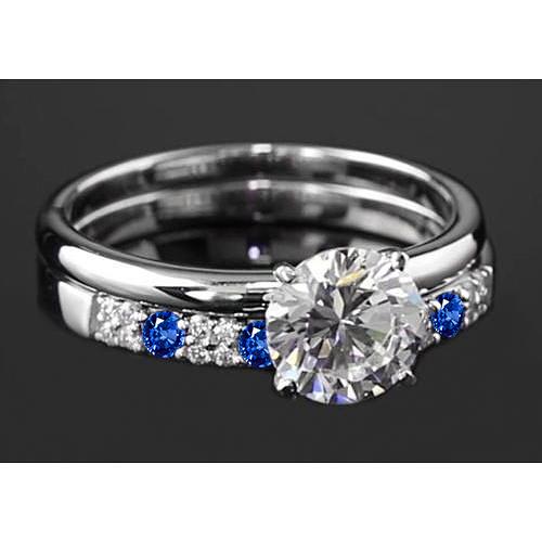 Verlobungsring-Set 2,75 Karat runder Diamant & blauer Saphir 4 Zinken