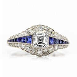 Trauring Asscher Diamant & Trapez Saphire 4.50 Karat Milgrain