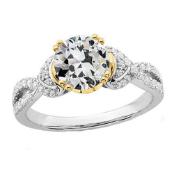 Zweifarbiger alter Minenschliff Diamantring mit geteiltem Schaft 4,50 Karat 14K Gold